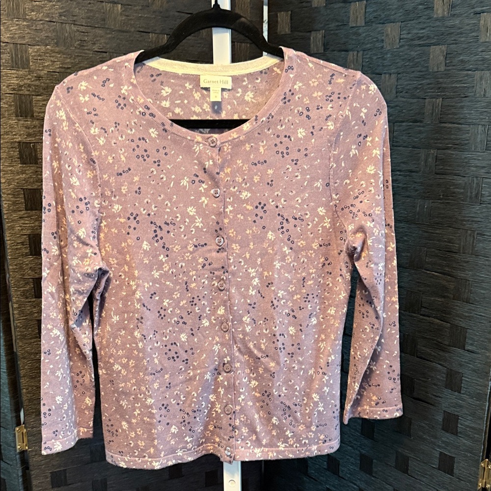 Garnet Hill Lavender Floral Wool cardigan sweater lightweight